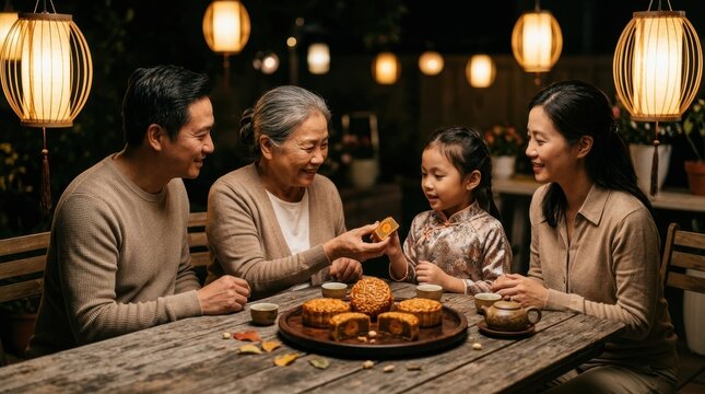 A joyful multi-generational Asian family shares traditional mooncakes and hot tea during the Mid-Autumn Festival celebration while sitting together under the warm glow of hanging paper lantern