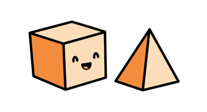 Smiling cube and pyramid geometric character shapes