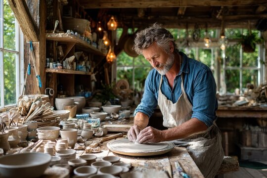 Crafting pottery in a rustic workshop during daylight hours with natural light