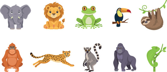 Art & IllustrationJungle and Wild Animal Character Vector Icon Set Featuring Cute Cartoon Elephant Lion Frog Toucan Sloth Orangutan Cheetah Lemur Gorilla and Chameleon © MST
