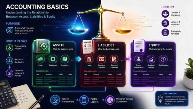 Accounting Basics Assets Liabilities Equity Infographic