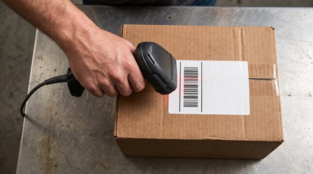 Hand scanning a barcode on a cardboard box with a laser scanner, concept of logistics, shipping, and inventory management