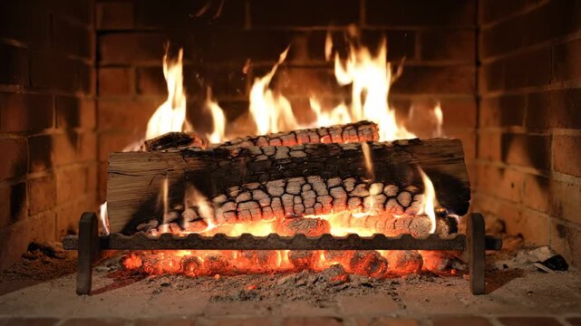 Flames dance around charred logs in a fireplace, glowing embers illuminate the brick surround, creating a warm and inviting atmosphere in a cozy indoor setting