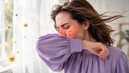 Fototapeta premium Woman sneezing into elbow to prevent virus spread. Sick girl with sinus infection, cold or flu symptoms. Healthcare concept, respiratory illness, contagion, bacteria and allergy prevention.