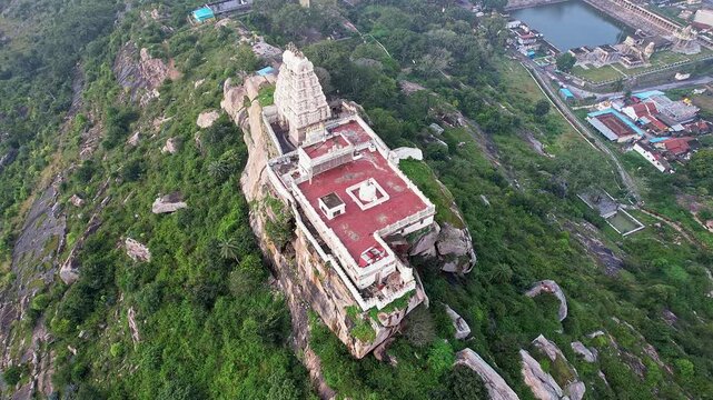 High angle view of Melkote temple and surrounding scenic landscape with heritage beauty