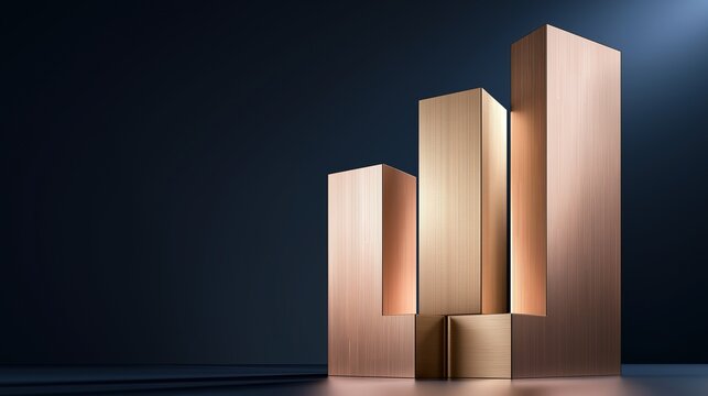 Three ascending brushed copper vertical bars shaped as growth bar chart on dark blue glossy background representing upward business finance and economic progress trend
