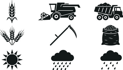 Agriculture Harvest Icon Set With Combine Harvester Wheat Scythe Dump Truck Bag Sun Rain Clouds Vector © Shukimon
