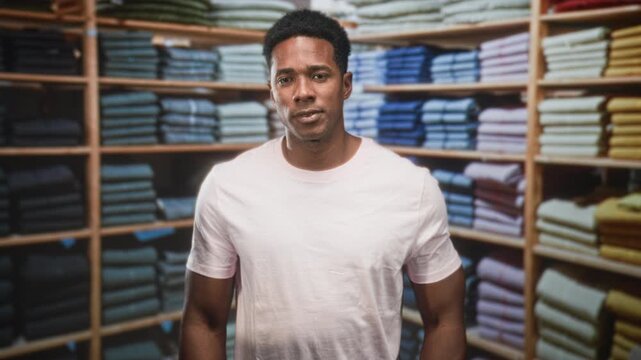 Man crossing arms over chest beside stacked folded sweaters in clothing store building; rejection confidence.