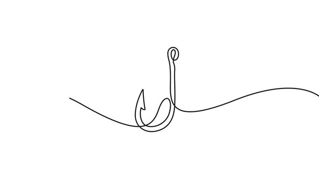 Fishing hook continuous line drawing for outdoor leisure and sport concepts. Minimalist continuous line art animation of a fishing hook for sports and leisure design.