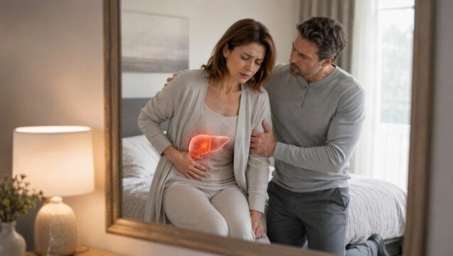 Woman suffering from liver pain while husband supports her in bedroom. Medical concept of organ disease and healthcare support. Patient with liver ache and inflammation symptoms at home.