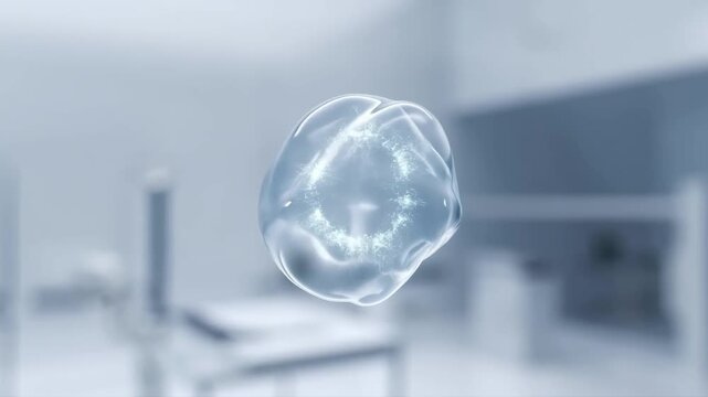 A glowing blue jellyfish-like object floats in a blurred laboratory setting with medical equipment.