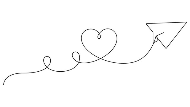 Paper airplane with heart animation, continuous line drawing for romantic travel concept vector illustration
