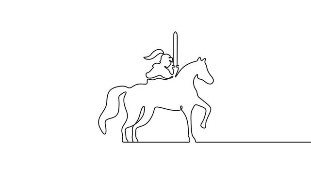 Knight on Horseback Animation, Minimalist Continuous Line Drawing for Medieval Concept Pro Vector