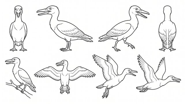 Ichthyornis Prehistoric Bird Line Art Set for Coloring Book, Extinct Toothed Sea Bird Vector Illustration in Different Poses