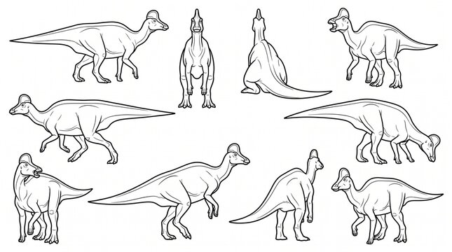 Corythosaurus Dinosaur Line Art Collection - Set of Poses for Coloring Pages and Educational Vector Illustration