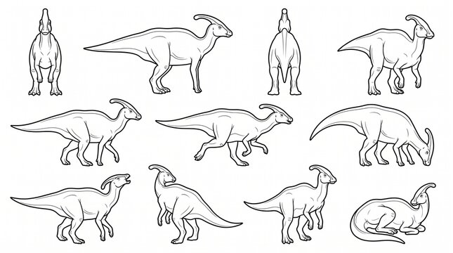 Parasaurolophus Dinosaur Poses Collection - Black and White Line Art for Kids Coloring Pages