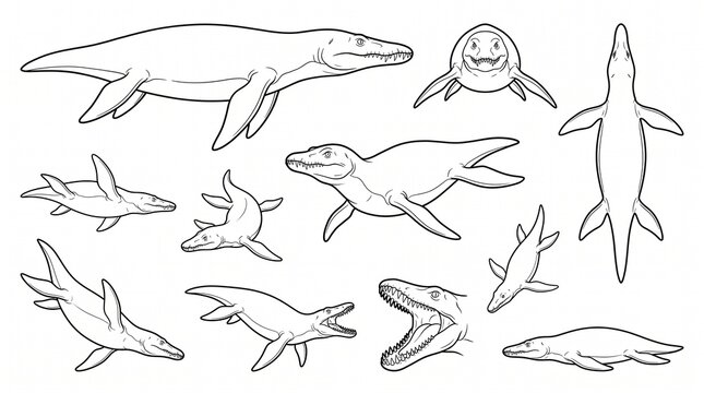 Liopleurodon Prehistoric Marine Reptile Line Art Collection for Coloring Book, Educational Illustration of Pliosaur Dinosaur