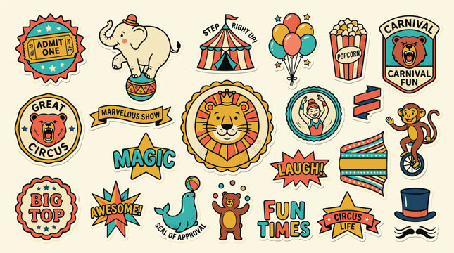 Vintage circus sticker set featuring lion, elephant, performing animals, carnival tent, popcorn, balloons, and retro themed badges on cream background, nostalgic illustration style.