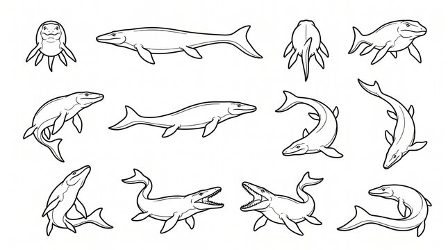 Mosasaur Marine Reptile Line Art Illustration Set for Coloring Book and Educational Design, Prehistoric Sea Monster Sketches