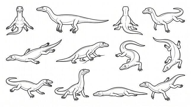 Komodo Dragon Poses Set, Monitor Lizard Line Art Illustration for Coloring Book, Reptile Character Design Vector