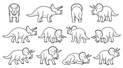Fototapeta premium Triceratops Dinosaur Outline Poses Collection - Set of 12 Vector Line Art Illustrations for Coloring Pages and Education