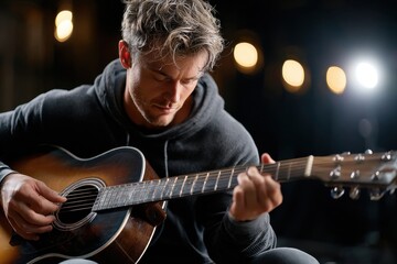 Obraz premium Man Playing Acoustic Guitar on Dark Stage