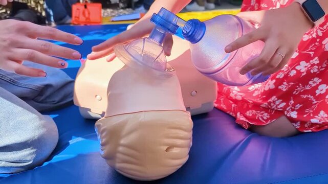 First aid training with CPR mannequin. Medical students practicing cardiopulmonary resuscitation and using an Ambu bag mask for artificial ventilation during a first aid seminar.