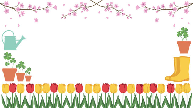 Art & IllustrationSpring Garden Border Template Vector with Red and Yellow Tulips Watering Can Rubber Boots Cherry Blossom Branches and Potted Clover Plants