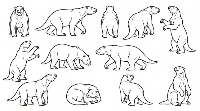 Set of Giant Ground Sloth Line Art Illustrations - Prehistoric Extinct Megafauna in Various Poses for Coloring and Education