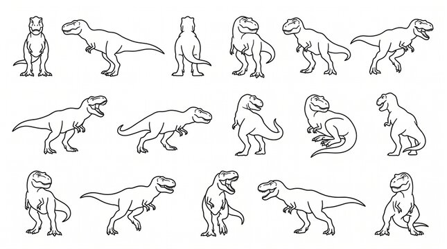 Tyrannosaurus Rex Line Art Vector Set: Multiple T-Rex Dinosaur Poses Outline Collection for Coloring or Logo Design
