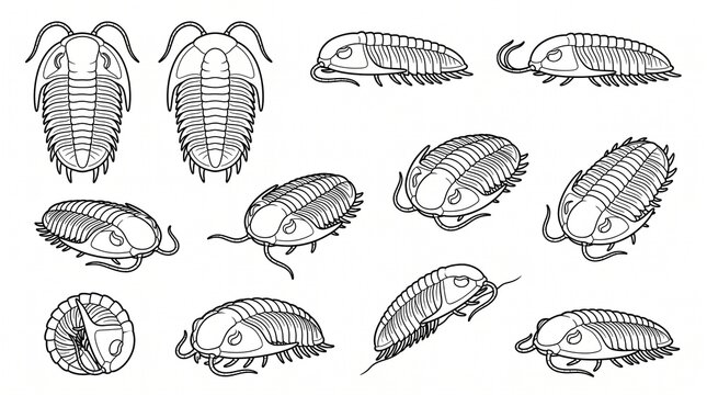 Trilobite Line Art Vector Collection: Prehistoric Marine Fossil Illustrations for Coloring Pages and Educational Design