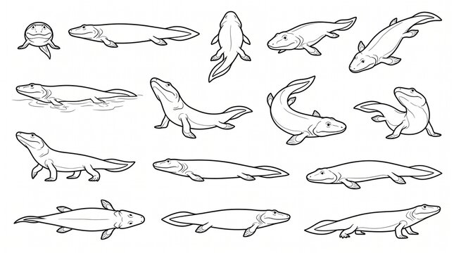 Tiktaalik Prehistoric Fish Outline Vector Illustration Set Transitional Evolution Species