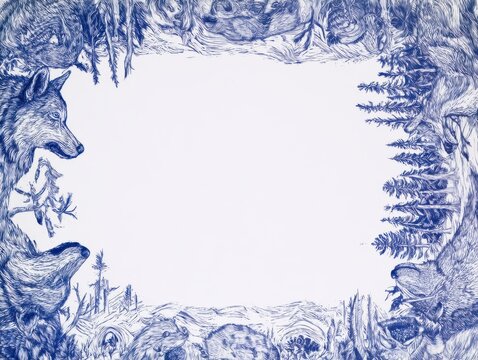 Detailed etching border, composition of wolves and winter forest elements forming a frame, blank center, deep blue ink on white