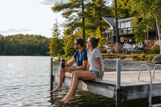Labor Day weekend picnic by the lake with family and friends enjoying food and leisure time together