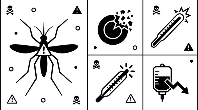 Mosquito Borne Virus Infection Vector Icon Set Featuring High Fever Thermometer Broken Blood Cell Destruction IV Fluid Decline and Lethal Epidemic Warning Graphics