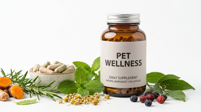 Pet wellness supplement with natural ingredients including herbal capsules, organic herbs, and berries for daily health support.