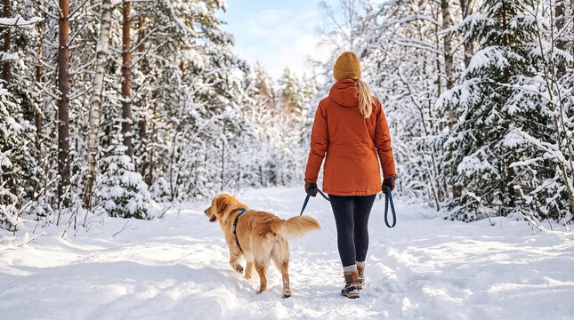 Owner walking dog through snowy park with trees in winter landscape. Dog enjoys stroll with owner along snowy path surrounded by tall evergreens and scenic beauty.