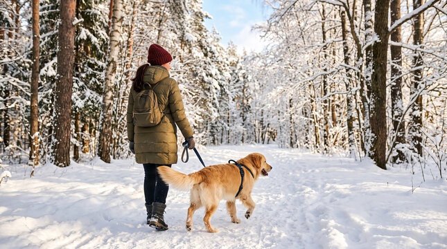 Owner walking dog in snowy park surrounded by trees and beautiful winter landscape. Golden retriever enjoys fresh air with owner while strolling on snow-covered path.