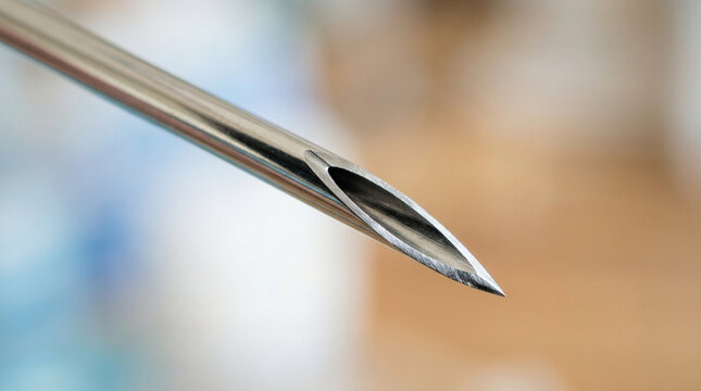 Macro close-up of sharp medical hypodermic needle tip, sterile and precise.