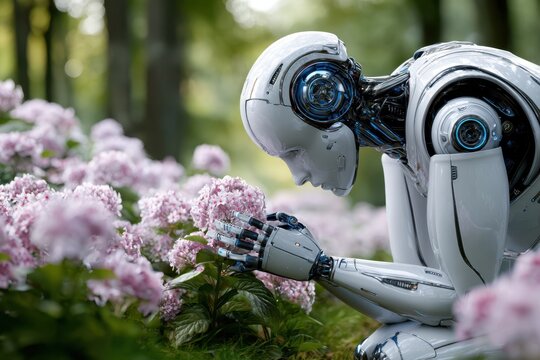 Robot interacts with flowers in a serene garden setting during daytime