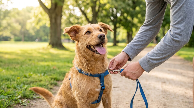 Golden retriever being leashed by owner in sunny park setting with trees and pathways. Owner clips leash on dog, preparing for a joyful walk in nature. Concept of pet ownership and outdoor activities.