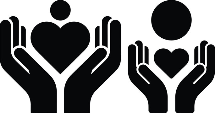 Caring hands icon. Protective gesture symbol with heart and person silhouette. Supporting, nurturing, sheltering and embracing concept for charity and healthcare use. UI element for donation platforms