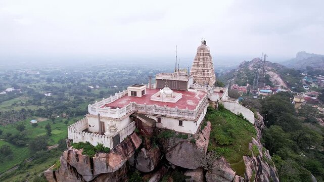 Drone view of Melkote temple and surrounding scenic landscape with heritage beauty
