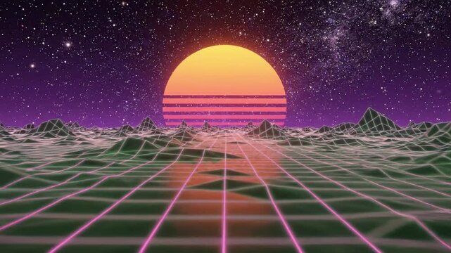 Triangle synthwave retro futuristic animation with mountains and sunset