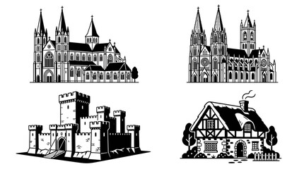 Fototapeta premium Vintage Architectural Icons: Castle, Cathedral, Cottage, Gothic Building