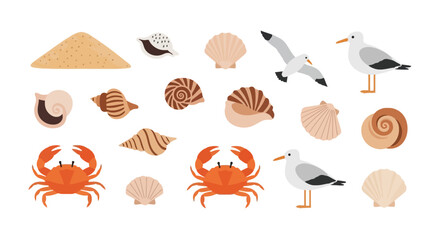 Sea shells seagulls and crabs collection for summer beach theme © andi