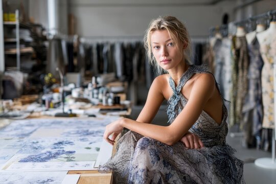 Fashion designer workspace with model showcasing elegant dress in an artful studio