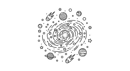 Spiral galaxy with planets and stars line art © andi