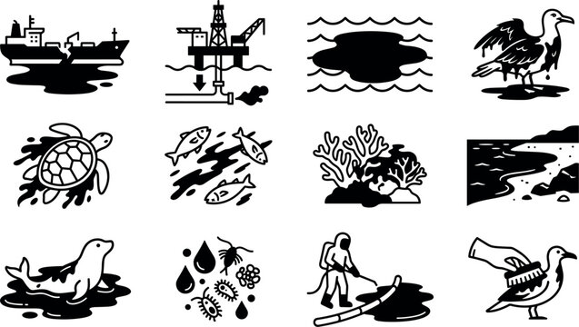 Oceanic Oil Spill Environmental Disaster Vector Icon Set Featuring Sinking Tanker, Drilling Rig Leak, Contaminated Marine Wildlife Sea Turtles, Birds, and Cleanup Worker Graphics