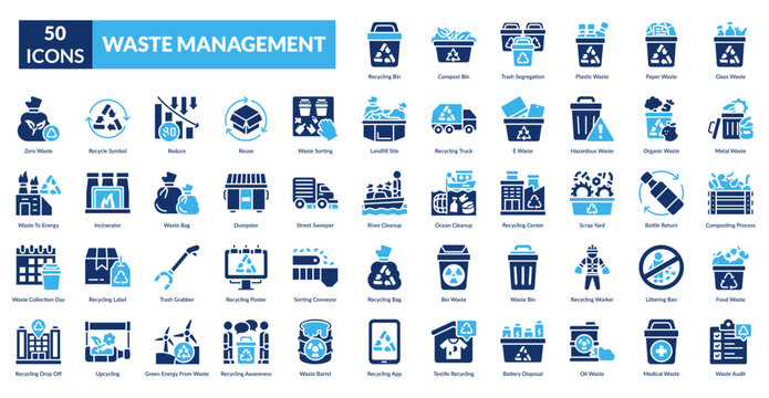 Waste Management Fill Icon Set. Waste, Management, Recycling, Recycle, Compost, Landfill, Disposal